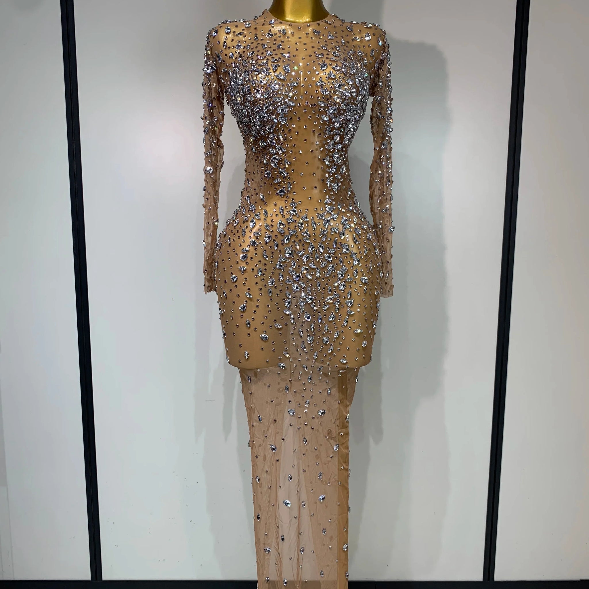 Women Sexy Long Sleeve Bodycon Dress Luxury Birthday Evening Party Glitter Rhinestones Mesh See Through Prom Gown Stage Outfit Silver