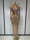 Women Sexy Long Sleeve Bodycon Dress Luxury Birthday Evening Party Glitter Rhinestones Mesh See Through Prom Gown Stage Outfit Silver