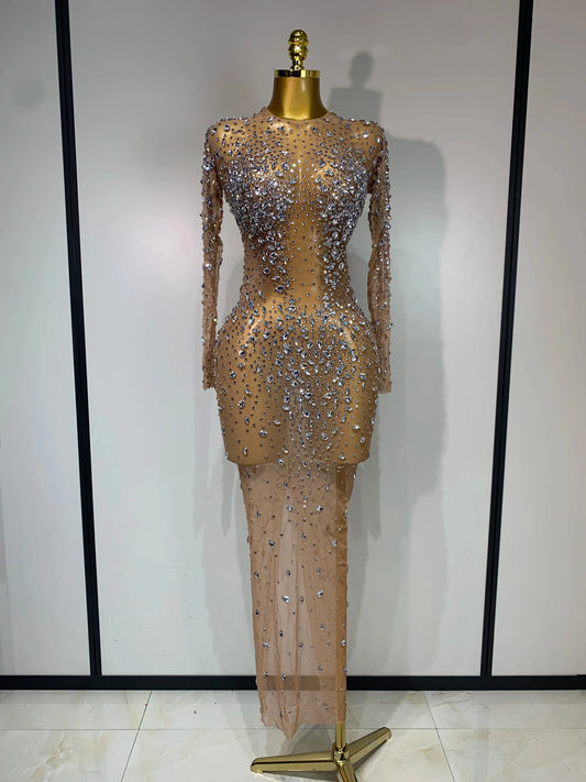 Women Sexy Long Sleeve Bodycon Dress Luxury Birthday Evening Party Glitter Rhinestones Mesh See Through Prom Gown Stage Outfit Silver