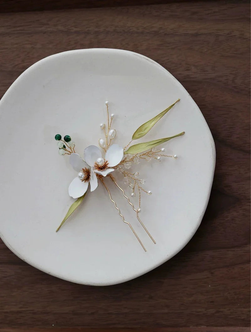 Bridal Jewelry Imitation Pearl Hairpin Gold Color Head Piece For Brides Women Flower Leaf Hair Comb Pin Clip Wedding Accessories