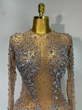 Women Sexy Long Sleeve Bodycon Dress Luxury Birthday Evening Party Glitter Rhinestones Mesh See Through Prom Gown Stage Outfit