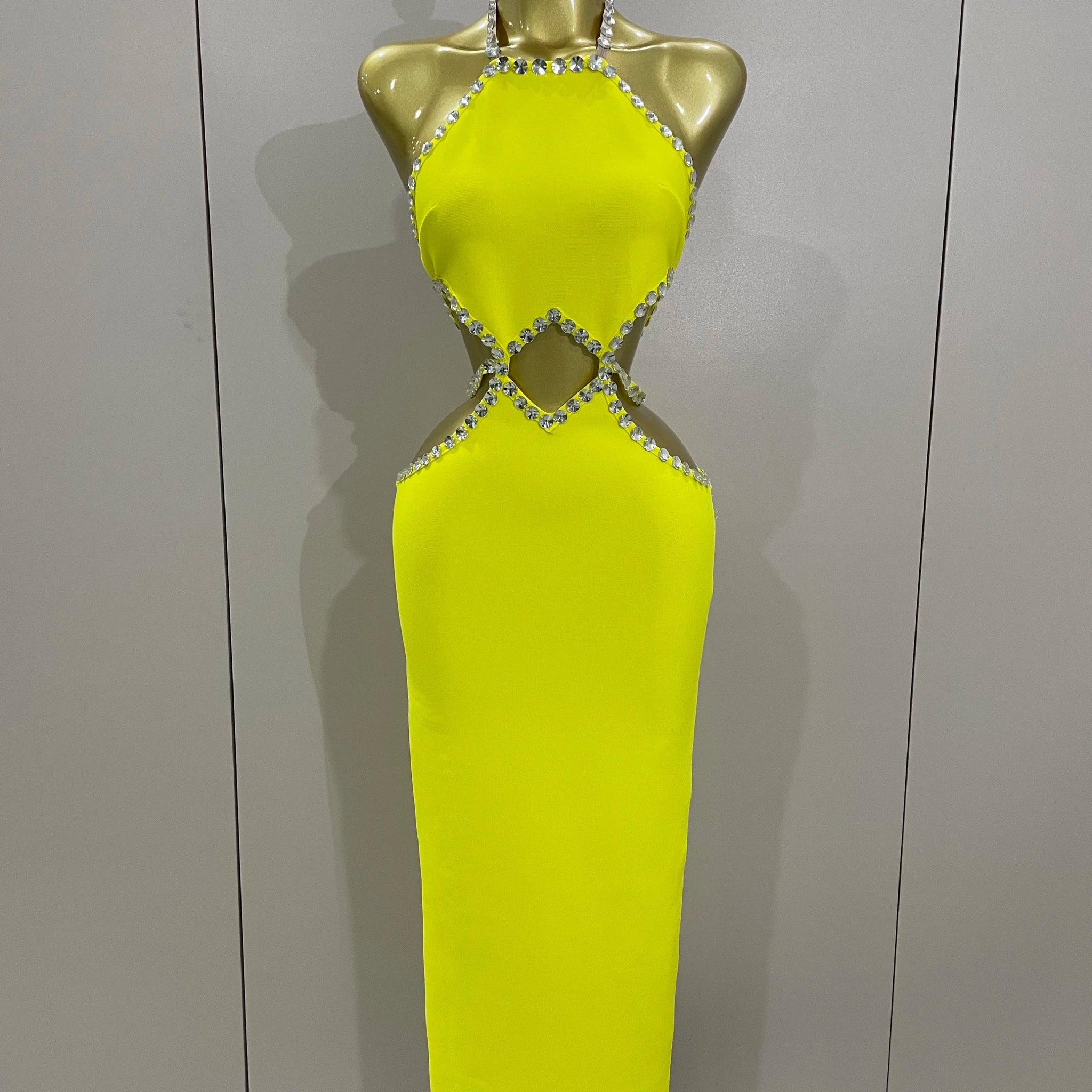 Luxury Sexy Backless Halter Beading Maxi Long Lemon Yellow Bandage Dress Women Elegant Evening Club Birthday Party Dress Lemon yellow