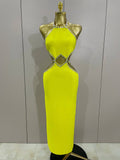 Luxury Sexy Backless Halter Beading Maxi Long Lemon Yellow Bandage Dress Women Elegant Evening Club Birthday Party Dress Lemon yellow