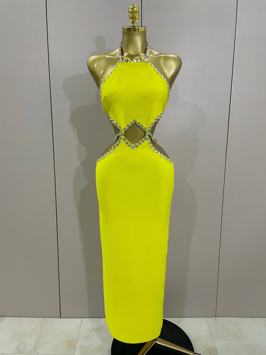 Luxury Sexy Backless Halter Beading Maxi Long Lemon Yellow Bandage Dress Women Elegant Evening Club Birthday Party Dress Lemon yellow