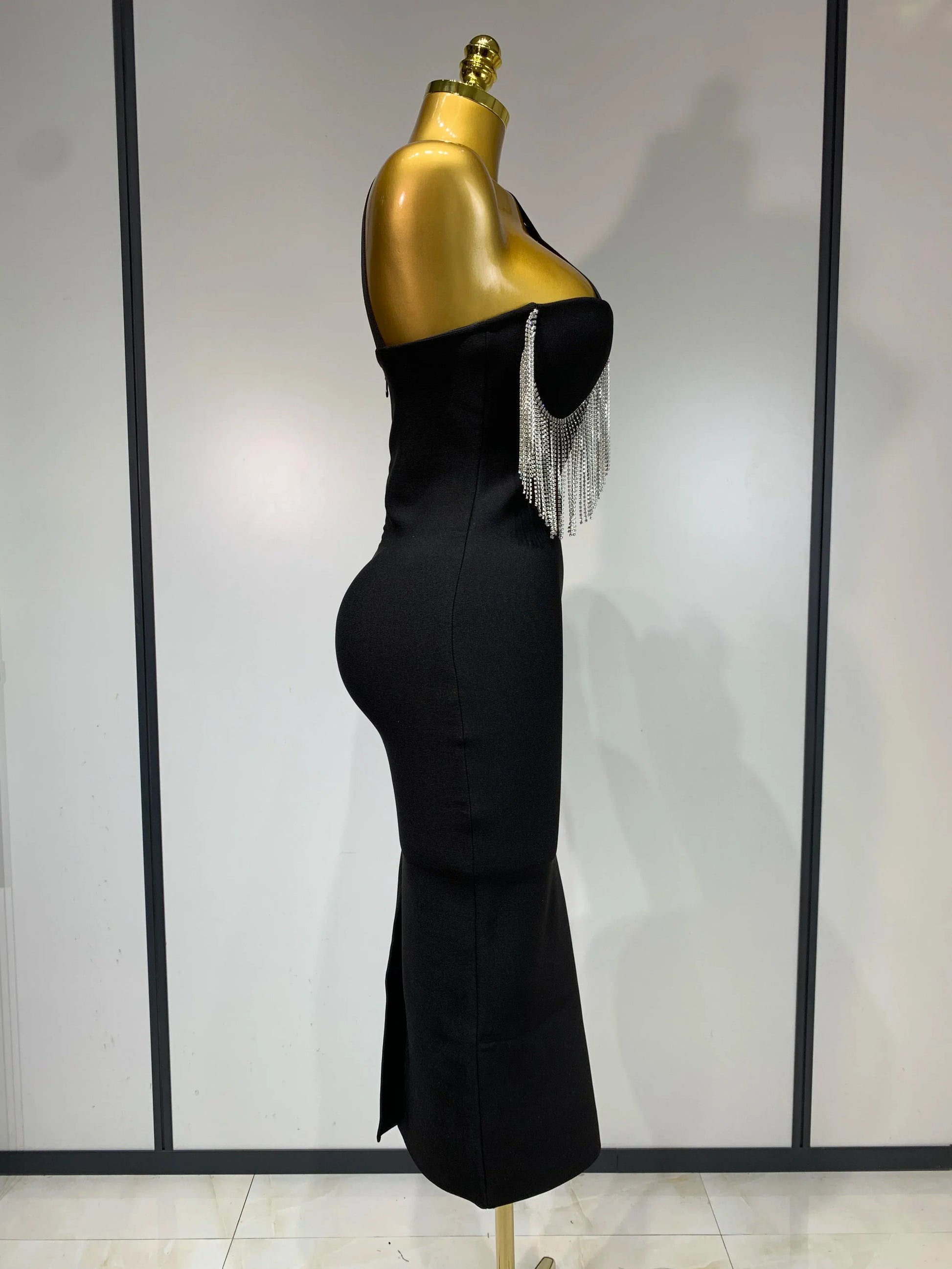 Women Sexy Diamonds Tassel Crystal Midi Black Bodycon Bandage Dress Elegant Evening Party Luxury Birthday Dresses Vestido