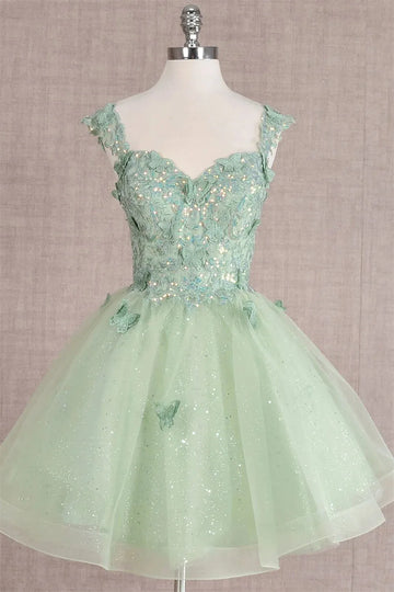 Sleeveless A-line Lace Embroidery Mini Evening Dress with Heart-Shaped Neck and Tulle Fabric Green