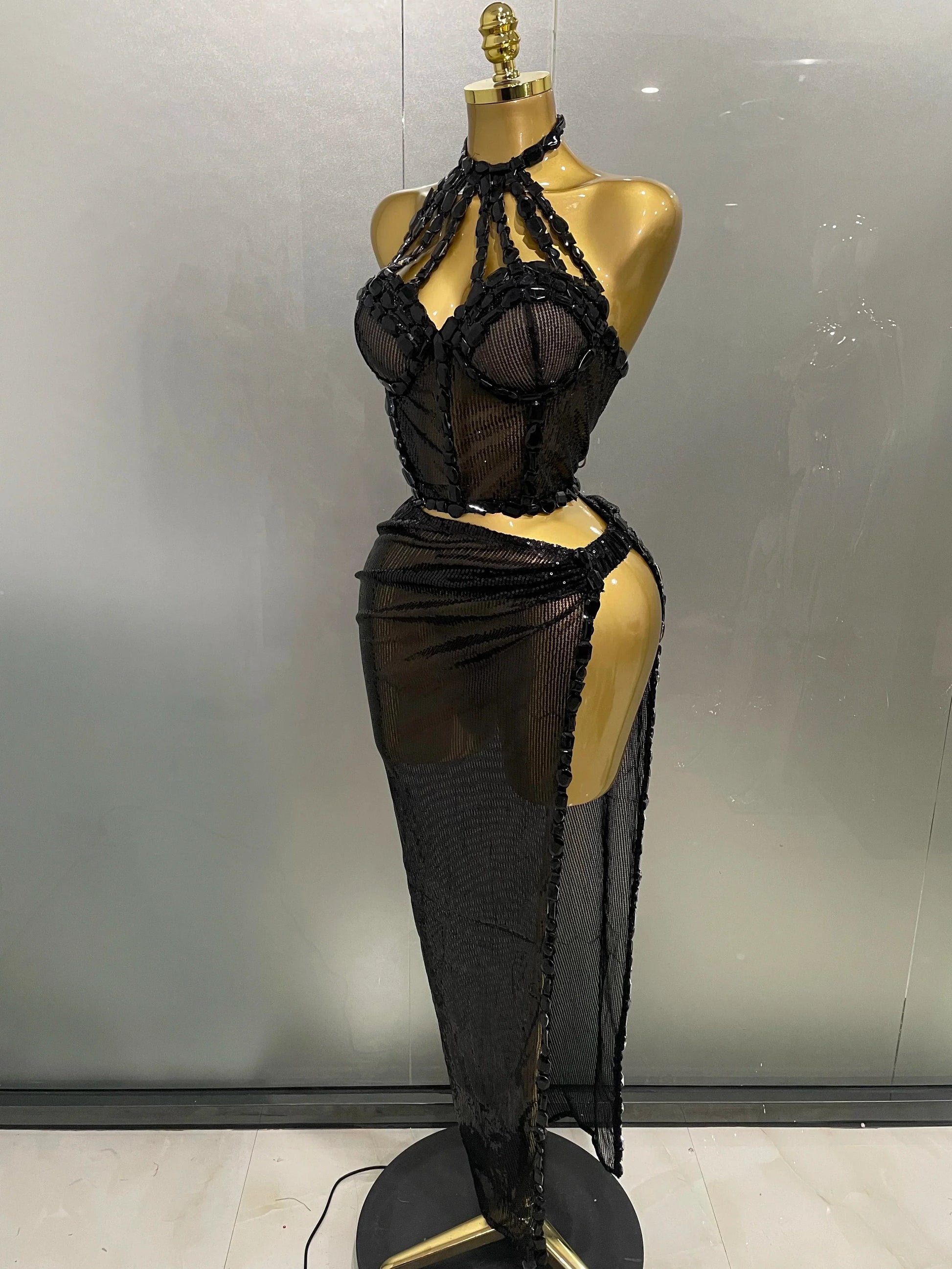 Sexy Luxury Shiny Diamond Sequins Cocktail Dress 2Pcs Set Women Evening Celebrate Birthday Party Nightclub Stage costume