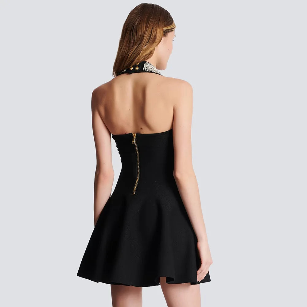 Black Women Sexy Halter Shinning Sequins Off the Shoulder A-Line Mini Bandage Dress Celebrate Evening Party Red Carpet Wear