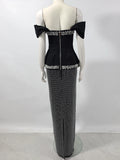 Women Sexy Off Shoulder Pearl Diamond Black Maxi Long Bandage Two Piece Set Elegant Evening Club Party Prom Gowns