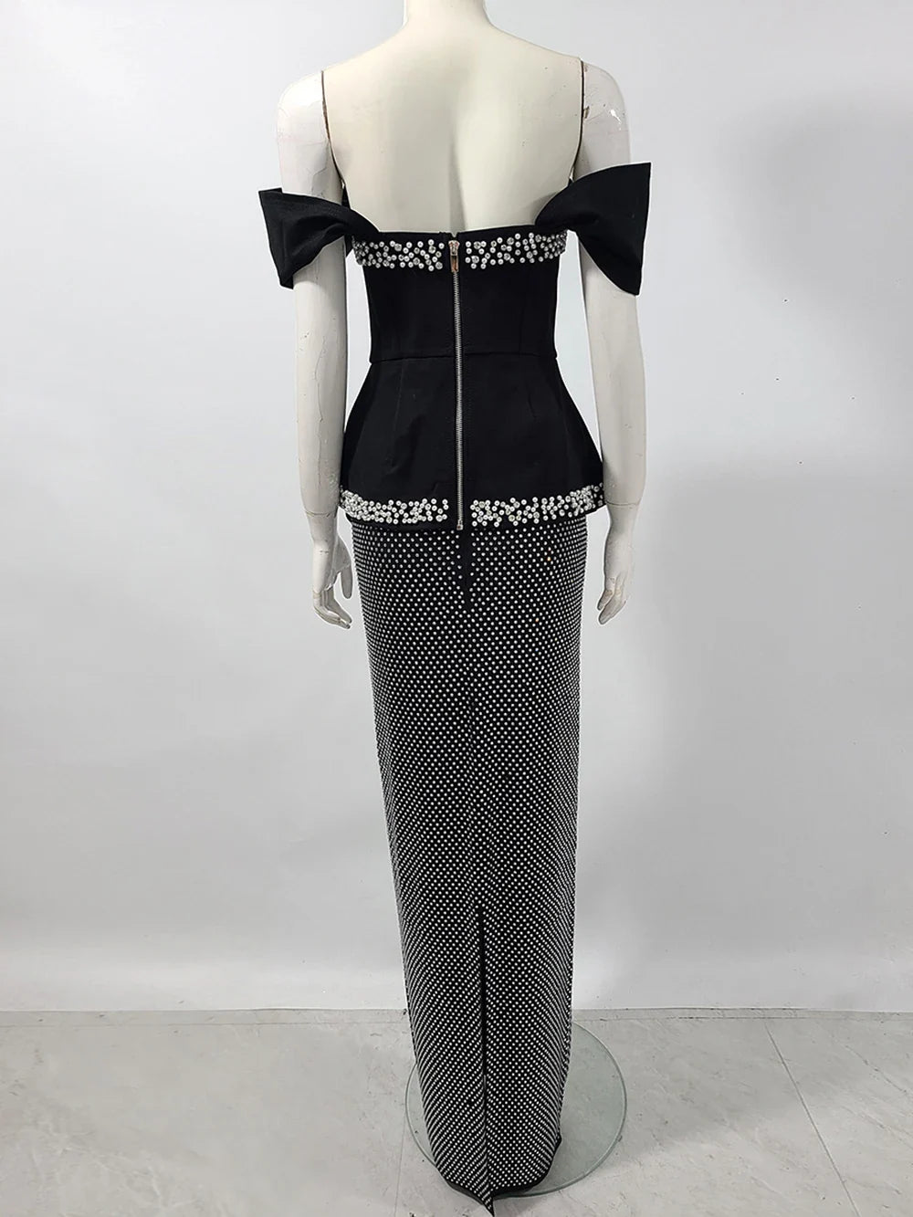 Women Sexy Off Shoulder Pearl Diamond Black Maxi Long Bandage Two Piece Set Elegant Evening Club Party Prom Gowns