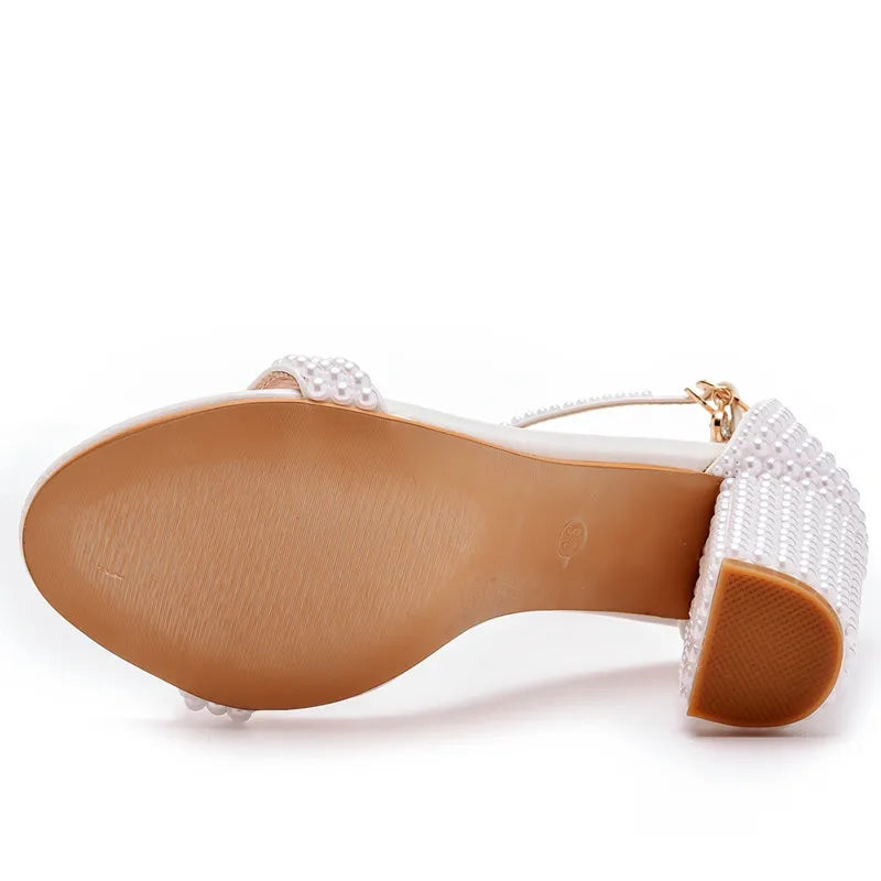 Luxury Pearls Rhinestones Thick Heeled Women Sandals Concise High heels Gladiator Sandals Fashion Female Banquet Party Shoes