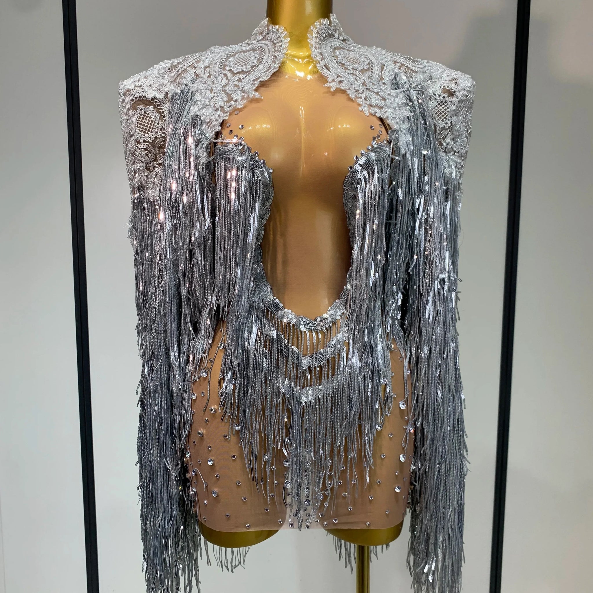 Luxury Rhinestones Tassels Mini Dress Suit Women Sexy See Through Mesh Birthday Party Club Dresses Performance Stage Outfit Silver