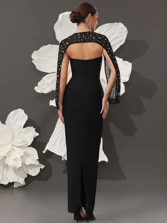 Sexy Women's Light Luxury Nail Bead Shawl+Strapless Sleeveless Bandage Dress Set Fashion Bodycon Long Dress Party Vestidos