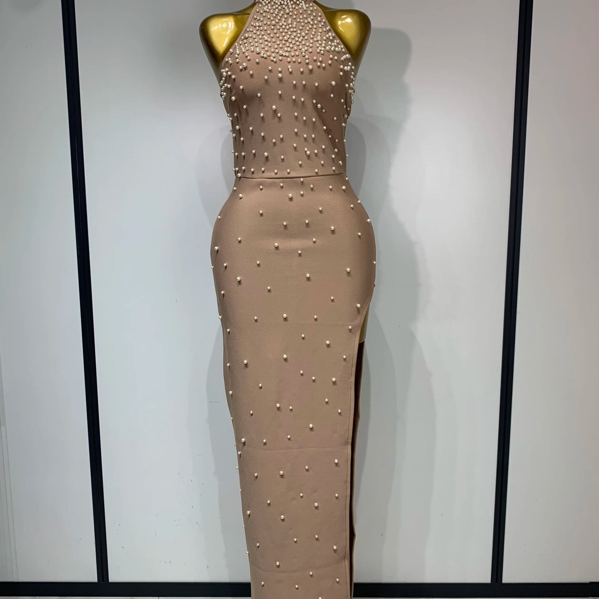 Women Sexy Pearl Maxi Long Bandage Dress Luxury Birthday Dresses Celebrity Elegant Evening Club Party Knitted Bodycon Clothing Khaki