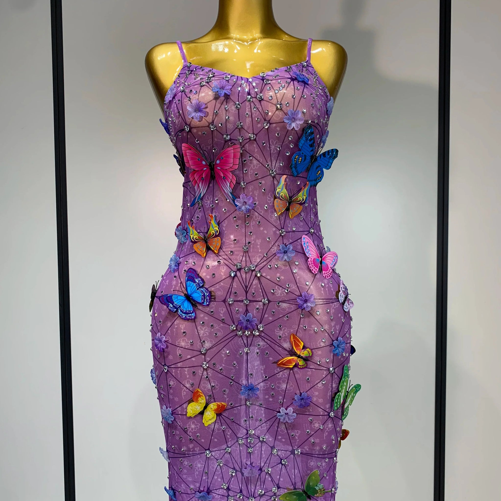 Sparkly Women Sexy Mesh See Through Dress New Arrival Butterfly Purple Celebrity Luxury Birthday Nightclub Stage Outfit PURPLE