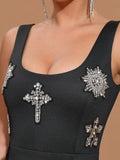 Sexy Women's Light Luxury Nail Diamond Design Split Bandage Dress O-Neck Sleeveless Bodycon Black Long Dress Party Vestidos