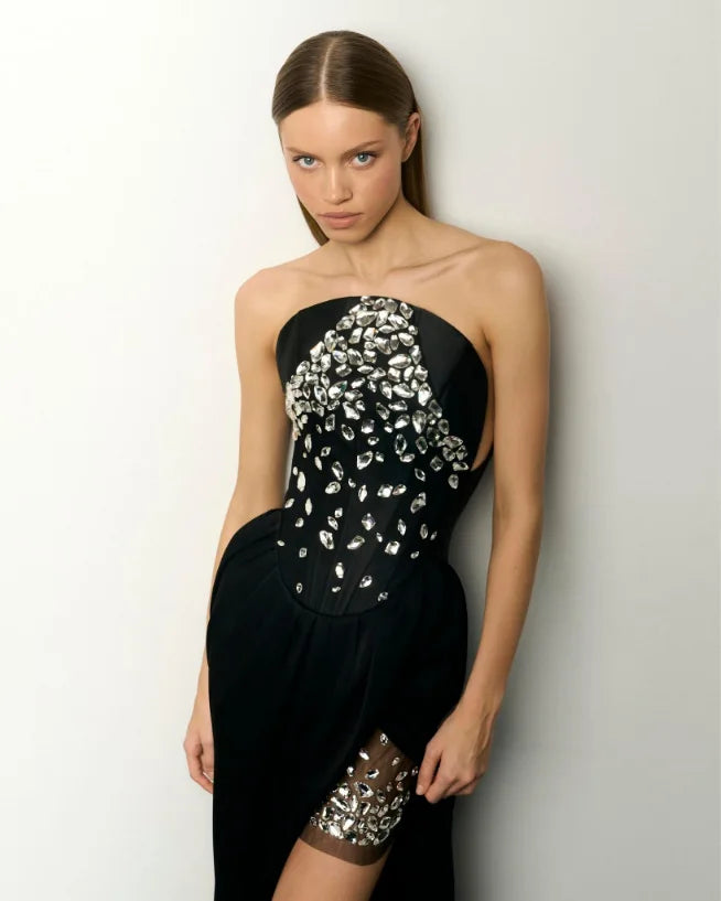 Black White Color Women Sexy Strapless Shinning Crystal Bodycon Long Bandage Dress Elegant Evening Party Celebrate Outfit