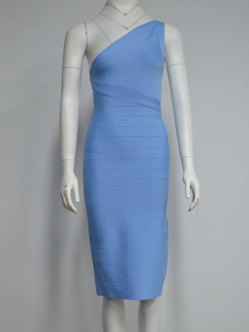 Elegant Women's Single Shoulder Sleeveless Bandage Dress with Diagonal Collar Bodycon Bareback Split and Knee Dress Vestido