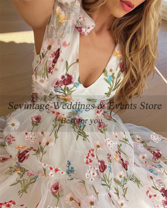 Fairy White Tulle A-Line Prom Dress Deep V-Neck Spaghetti Strap Embroidery Ankle Length Evening Dress vestidos de gala