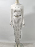 Women'S Black And White Beaded Short Top+Long Skirt Bandage Two-Piece Set Elegant Evening Party Female Outfit New
