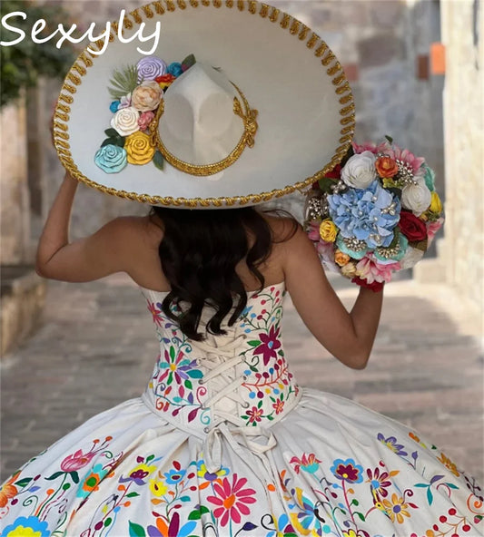 Customized Mexican Charro Quinceanera Dresses 2025 Sweetheart Ball Gown Lace Up Colorful Embroidery Fifteen Birthday Party Dress