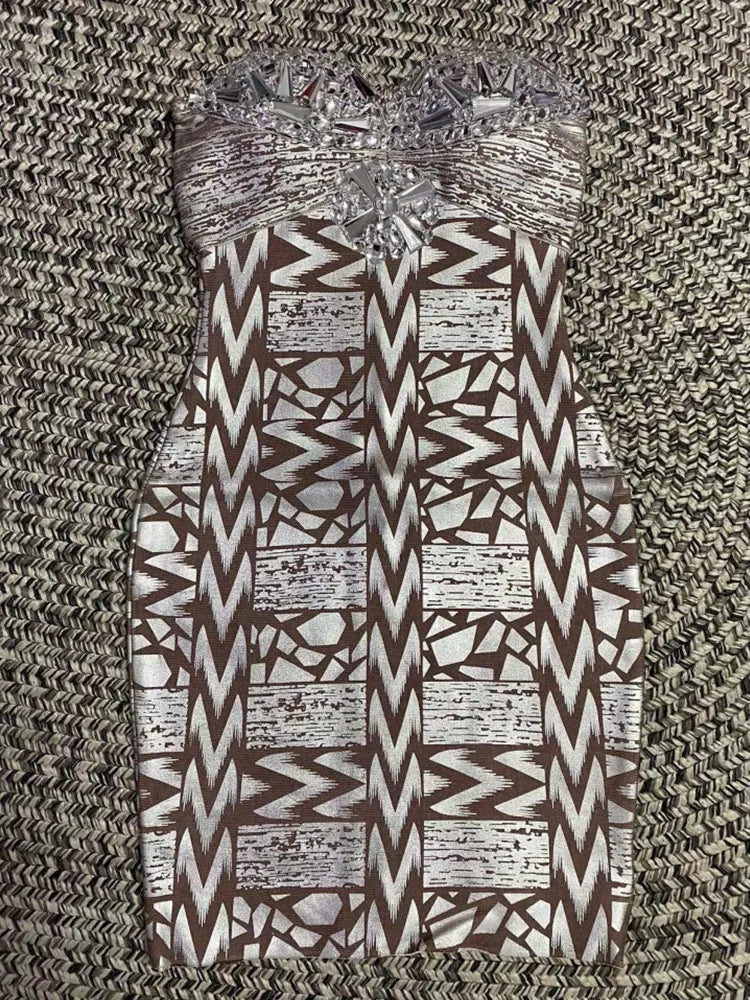 Black Silver Gold Foil Women Sexy Strapless Crystal Bodycon Mini Dress Rayon Bandage Fashion Nightclub Party Celebrate Dress