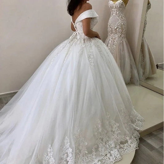 Luxo fora do ombro com decote em v vestido de casamento renda diamante miçangas princesa vestido de baile vestido de casamento plus size vestido de noiva