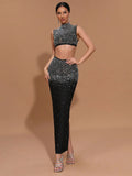 Sexy Women'S Light Luxury Hot Stamping Design Long Skirt Bandage Set O-Neck Sleeveless Ultra Short Top+Skirt Two-Piece Set