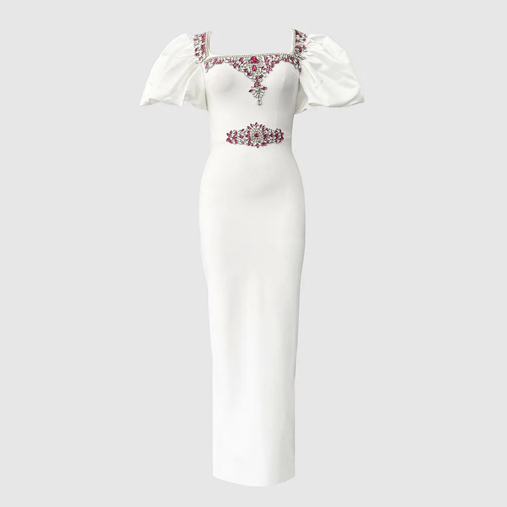 Women Short Puff Sleeve Sexy Square Collar Shinning Crystal Bodycon Long Bandage Dress Celebrate Evening Party Birthday Outfit WHITE
