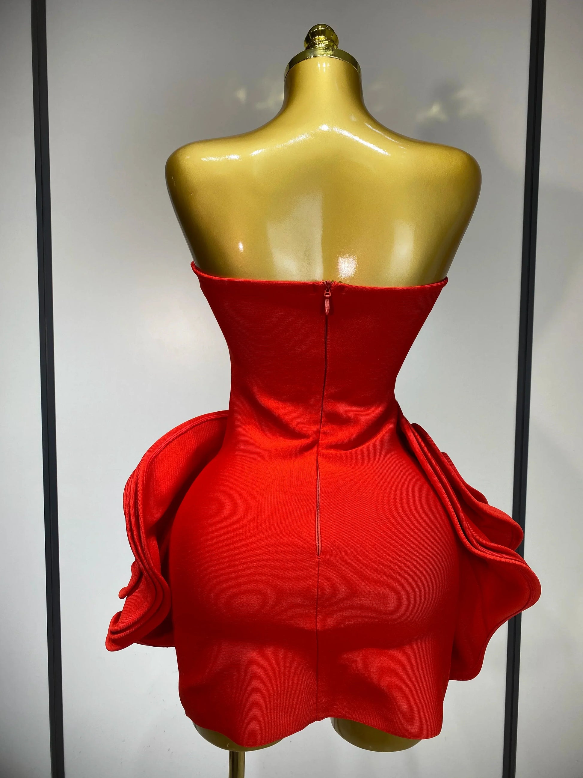 Celebrity Sexy Strapless Backless Flower Red Mini Bodycon Bandage Dress Knitted Elegant Evening Club Luxury Birthday Dress
