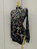 Sexy Sparkle Multicolor Rhinestones Black Velvet Gloves Slit Short Dress Women Evening Birthday Party Club Stage Costume