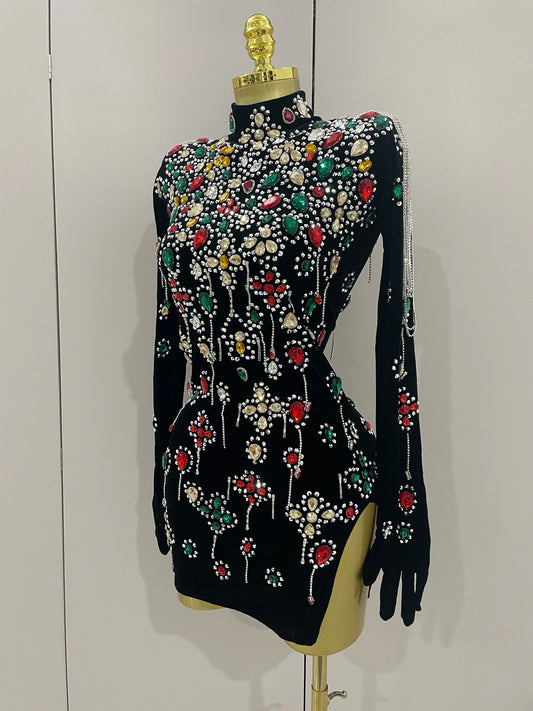 Sexy Sparkle Multicolor Rhinestones Black Velvet Gloves Slit Short Dress Women Evening Birthday Party Club Stage Costume