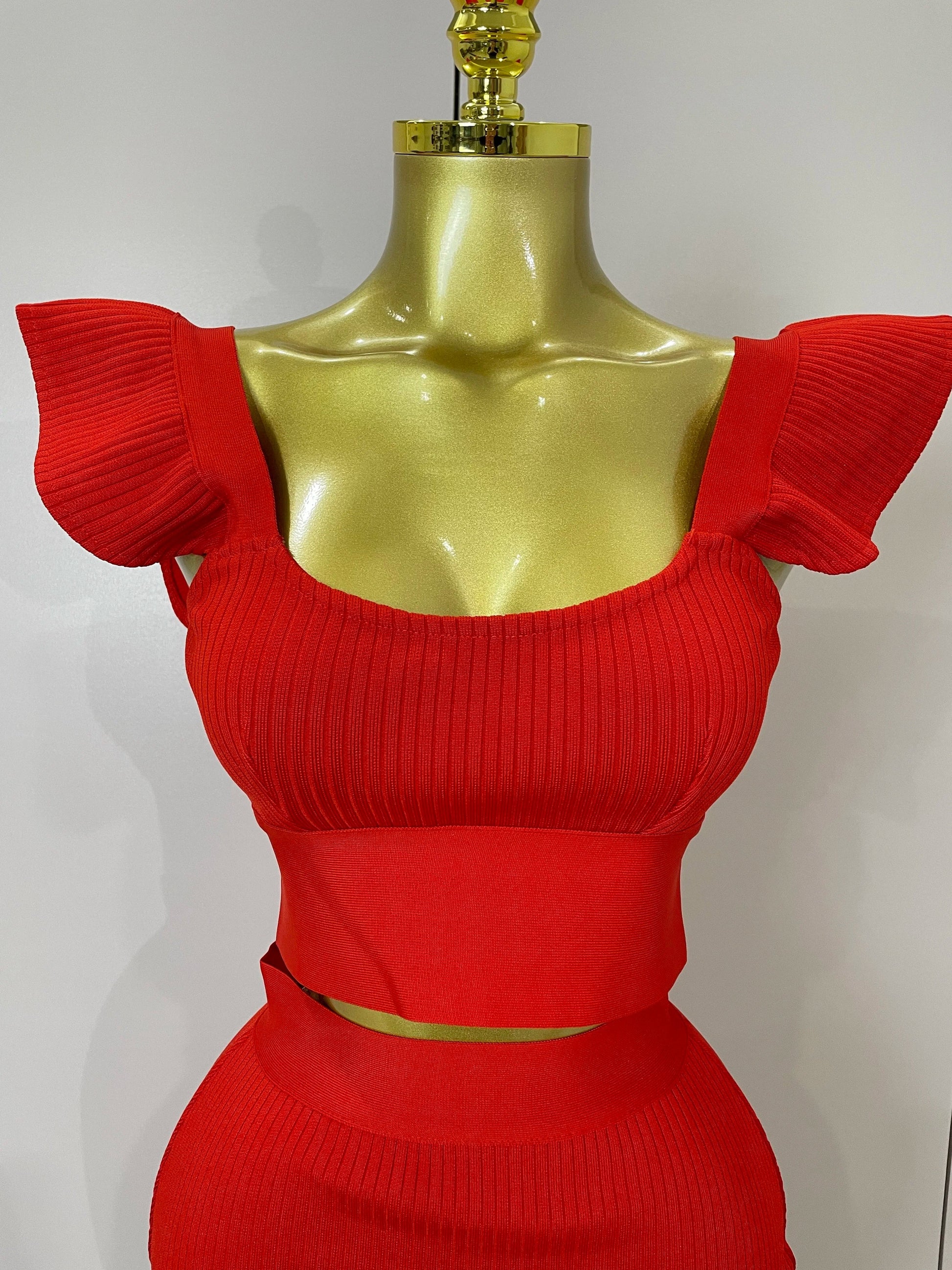 Women Sexy Backless Ruffles Red Bandage Two Pices Set Celebrity Evening Elegance Birthday Party Dress