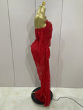 Women Sexy Strapless Backless Red Lace Split Maxi Long Bodycon Dress Celebrity Elegant Evening Club Birthday Party Outfit