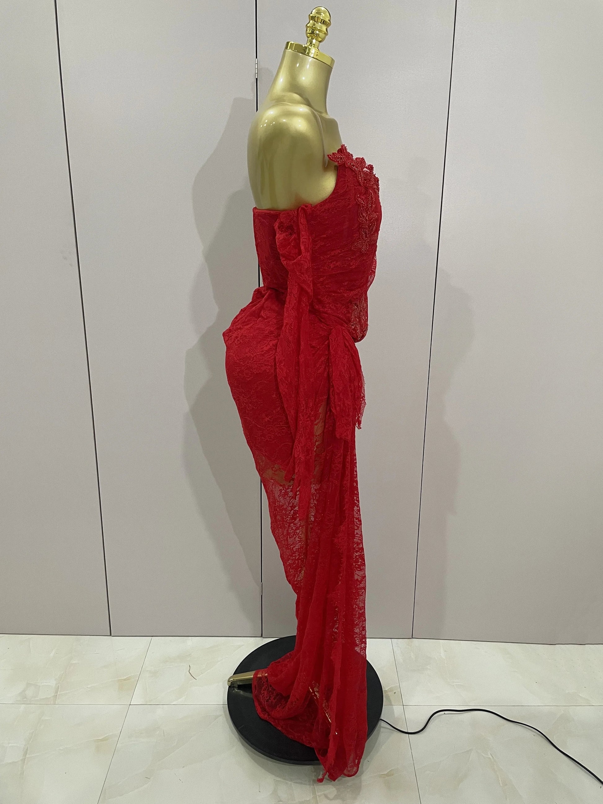 Women Sexy Strapless Backless Red Lace Split Maxi Long Bodycon Dress Celebrity Elegant Evening Club Birthday Party Outfit