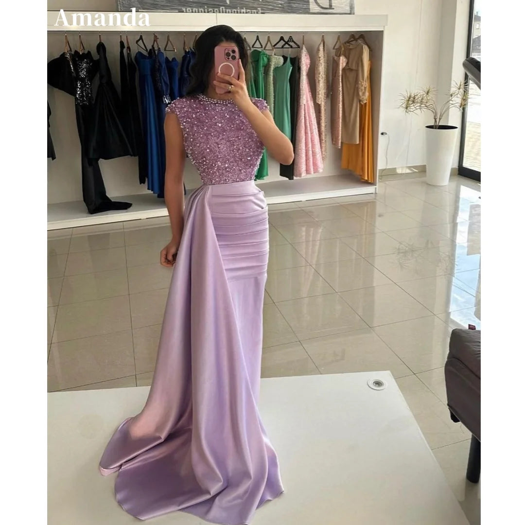 Lavender vestidos de noche Glitter Top Mermaid Prom Dresses Elegant Sleeveless Sweep Train Shiny Sequins Valentines Day