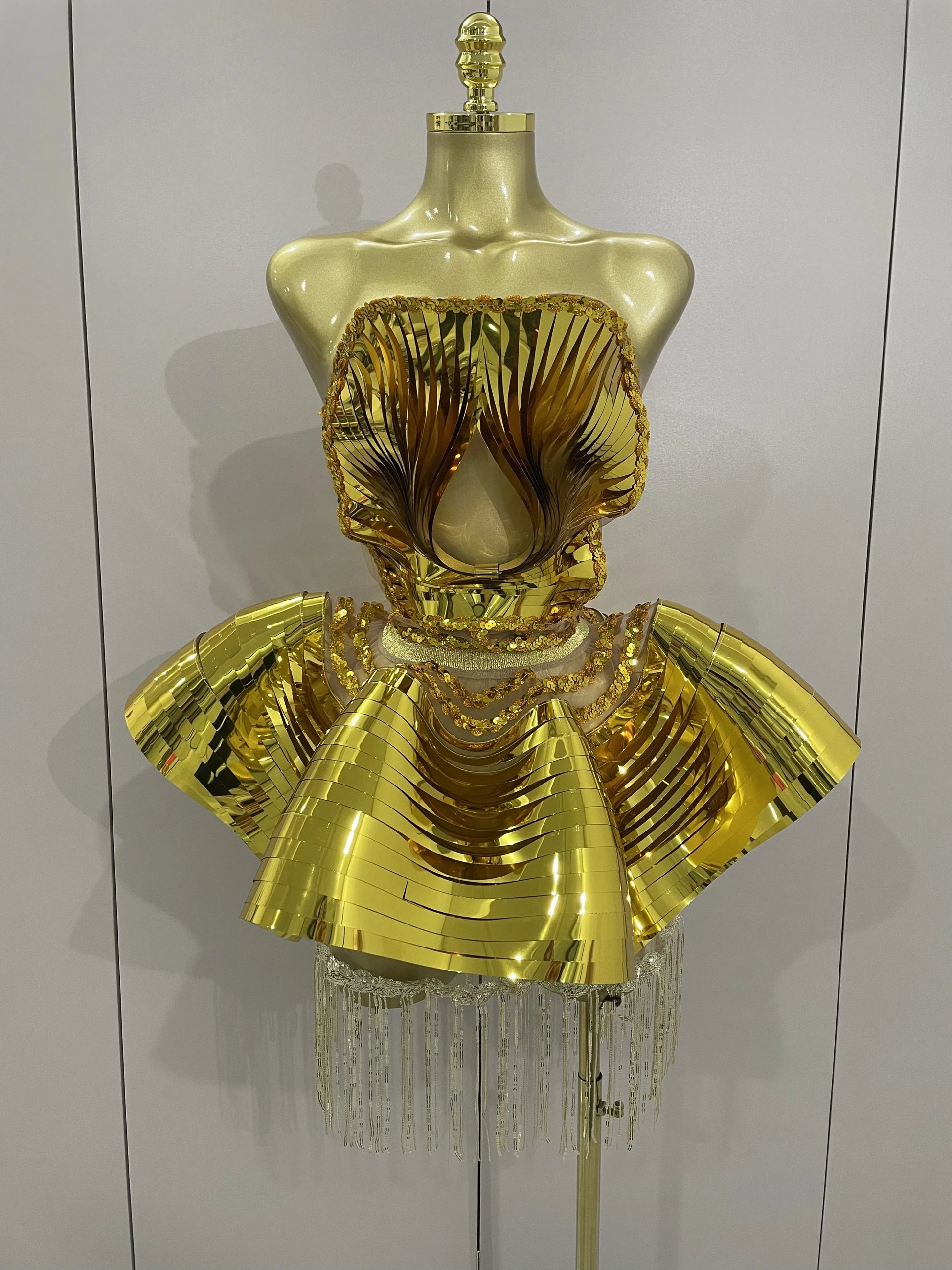 Shiny Gold Mirrors Sexy 2 Pieces Mini Dress Women Celebrate Birthday Party Performance Stage Costume Festival Wear Gold