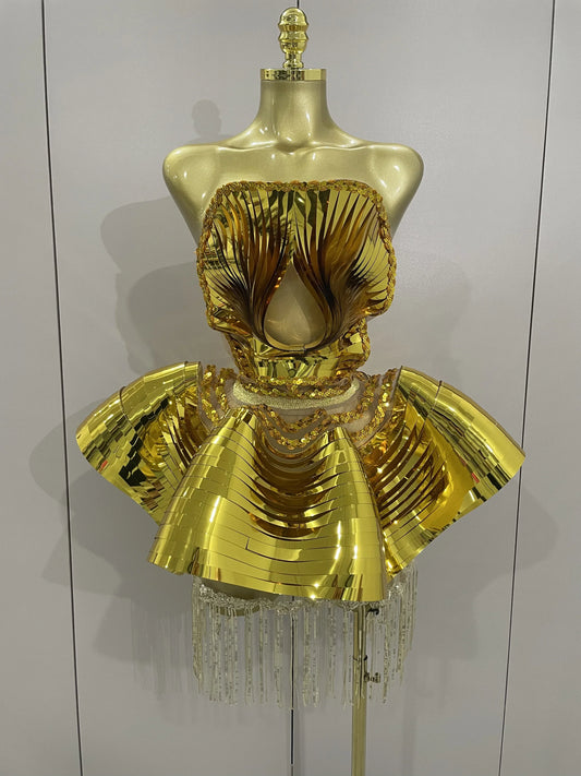 Shiny Gold Mirrors Sexy 2 Pieces Mini Dress Women Celebrate Birthday Party Performance Stage Costume Festival Wear Gold