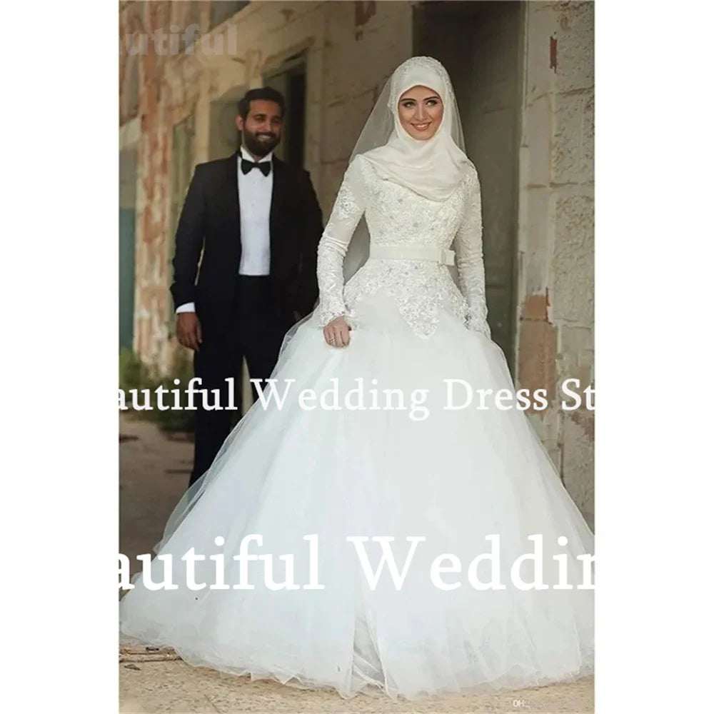 Simple Wedding Dress For Women Off-Shoulder Muslim With Flowers A-Line Pure Plain Satin Vestidos New White Split Bridal Gown