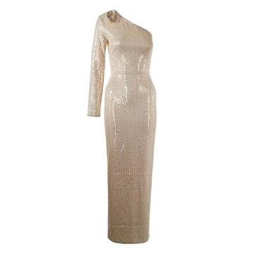 2024 Women's Light Luxury Ankle-Length Bodycon Dress with Diagonal Collar, One-Shoulder Sleeve, 3D Flower Decoration, Polyester Gold