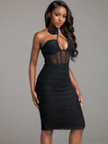 2024 Sexy Women'S Black Chiffon Dress Hanging Neck Style Sleeveless Three-Dimensional Flower Design Bodycon Backless Mini Dress