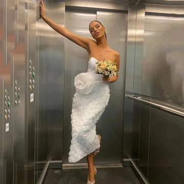Simple White Tea-Length Wedding Dress with Sweetheart Neckline and Floral Accents for Women, Customized Fit Custom Color