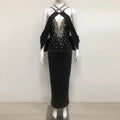New Women Celebrity Sexy Key Hole Beading Diamonds Pink Maxi Long Bodycon Bandage Dress Elegant Evening Club Party Dress black
