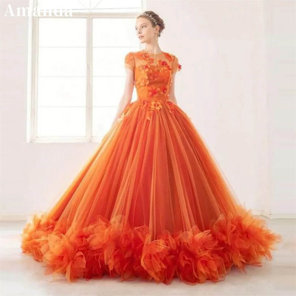 Amanda Princess Orange Ball Gown Evening Dress O-neck 3D Flower Prom Dress 2023 Edge Curl Party Dress Sweet فساتين مناسبة رسمية