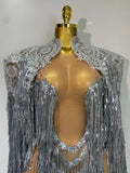 Luxury Rhinestones Tassels Mini Dress Suit Women Sexy See Through Mesh Birthday Party Club Dresses Performance Stage Outfit