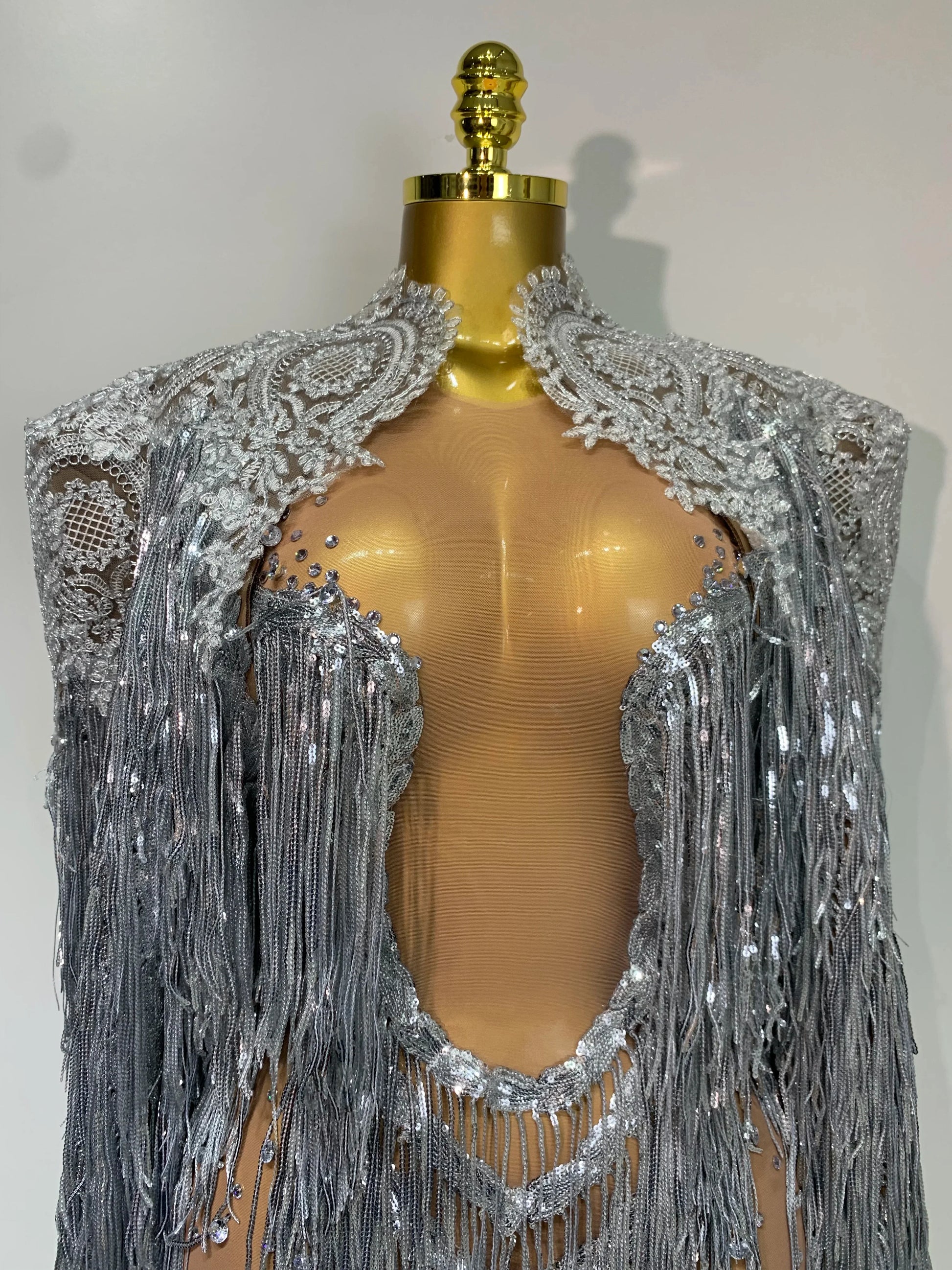 Luxury Rhinestones Tassels Mini Dress Suit Women Sexy See Through Mesh Birthday Party Club Dresses Performance Stage Outfit