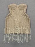 Ladies Luxury Bead Tassels Strapless Backless Design Celebrity Party Club Khaki Sleeveless Sexy Mini Bandage Dress New