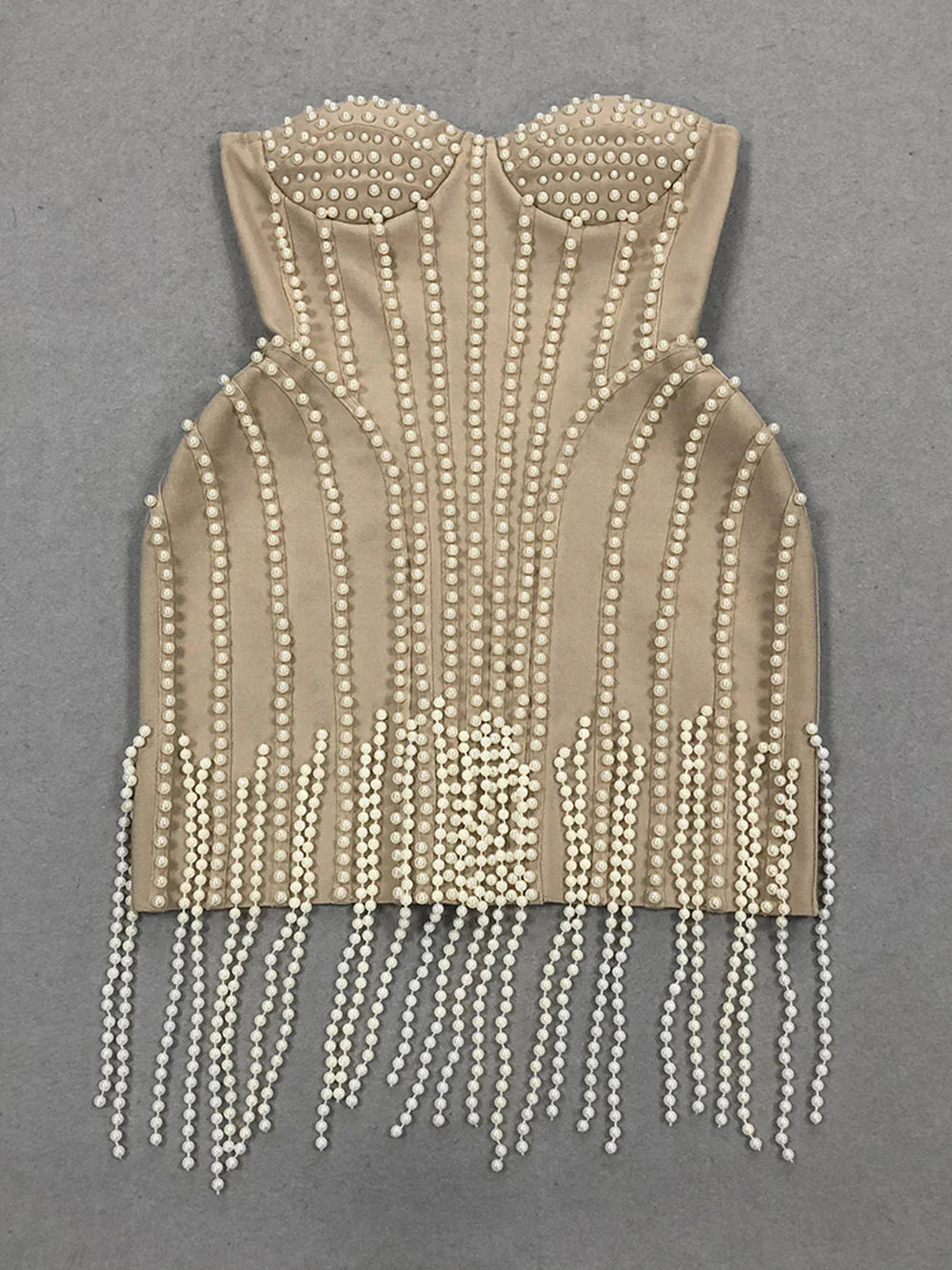 Ladies Luxury Bead Tassels Strapless Backless Design Celebrity Party Club Khaki Sleeveless Sexy Mini Bandage Dress New
