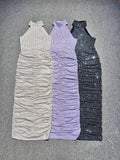 Women Celebrity Sexy Sleeveless Diamonds Backless Ruched Beige Maxi Long Gowns Dress Elegant Evening Party Club Vestido