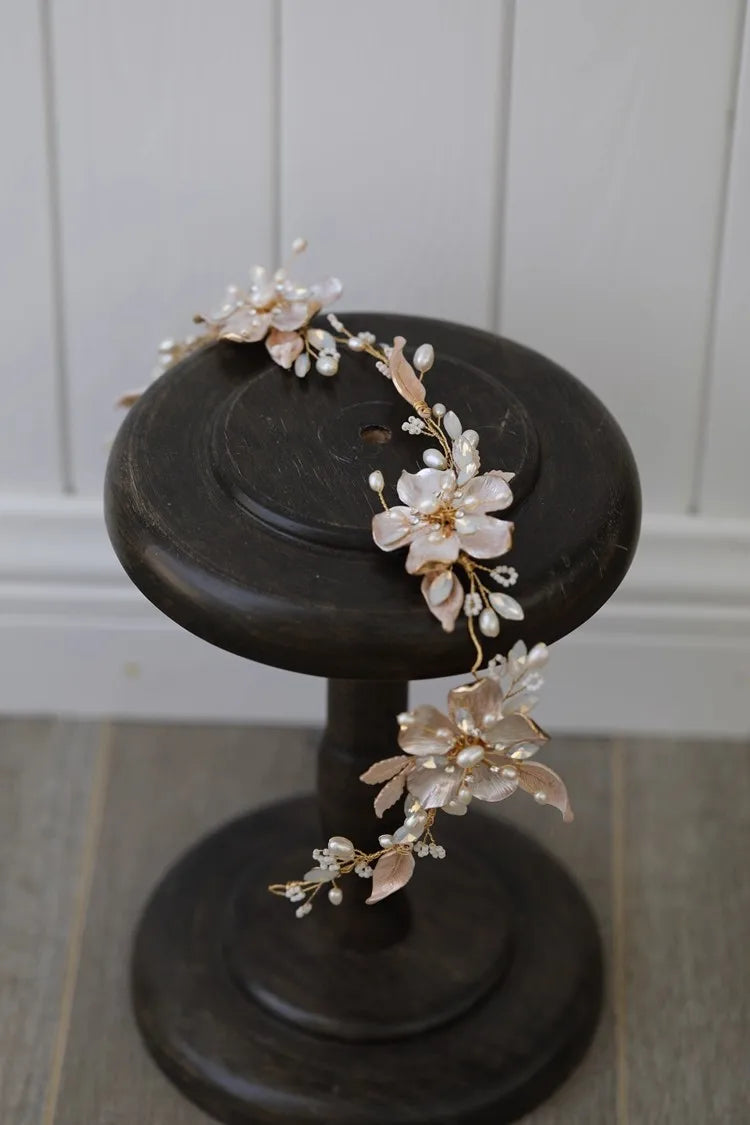 Vintage Gold Color Headband Hairband Flower Leaf Headpiece For Bride Pearl Headwear Wedding Accessories Bridal Hair Jewelry